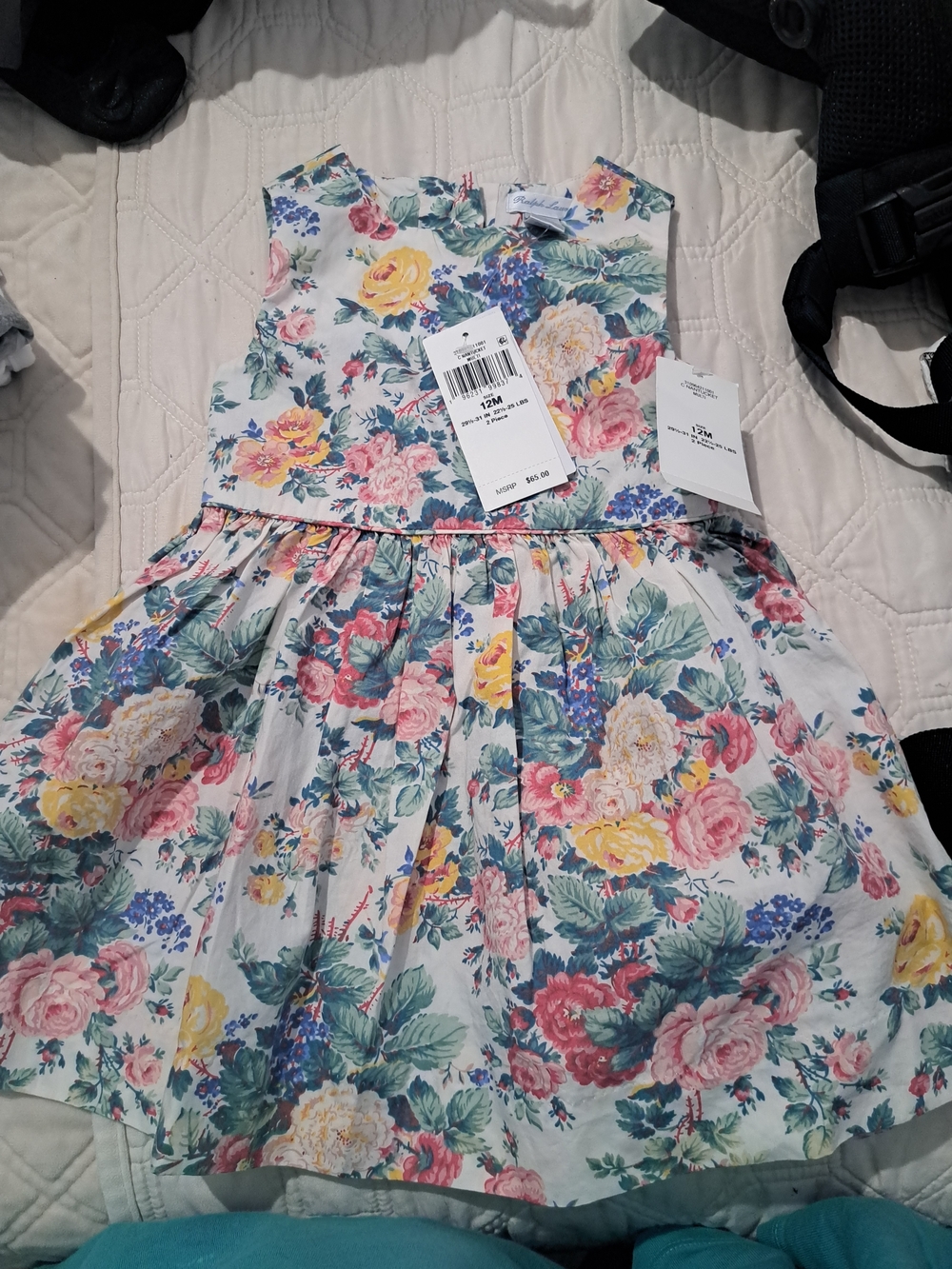 Ralph Lauren Girls Floral Cotton Dress in White with Multicolor Roses